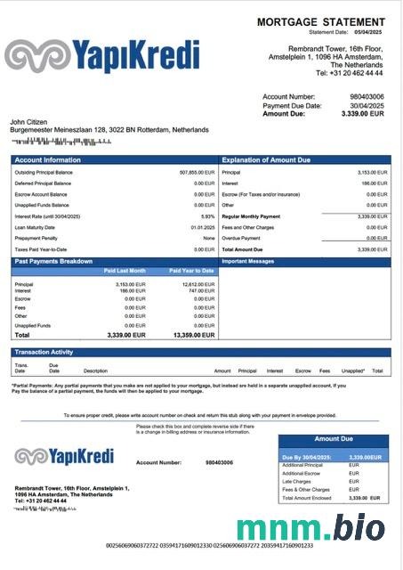 Holandia Yapi Kredi Bank Nederland wyciąg z kredytu hipotecznego szablon Word i PDF